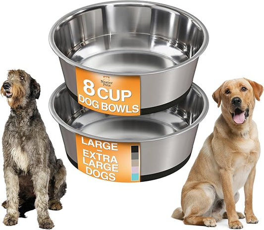 Neater Pet Brands Stainless Steel Dog Bowls with Non-Slip Rubber Bottom – Set of 2, 8 Cup (64 oz), Black - Heavy Duty Metal Dog Bowl, Dishwasher Safe, Food or Water Bowl, Ideal for Large Dogs