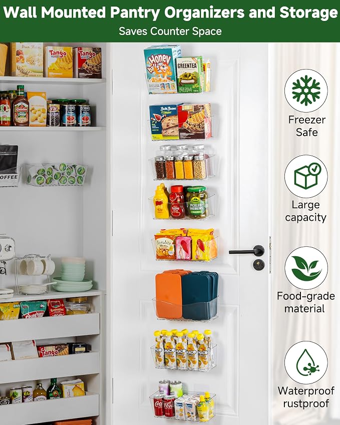 8-Pack Adhesive Pantry Organizers and Storage, Large Cabinet Door Organizer | 11.4" Long, Space Saving, Drain Bottom, Clear Plastic Storage Bins for Kitchen, Bathroom, Refrigerator, Countertop,Under Sink