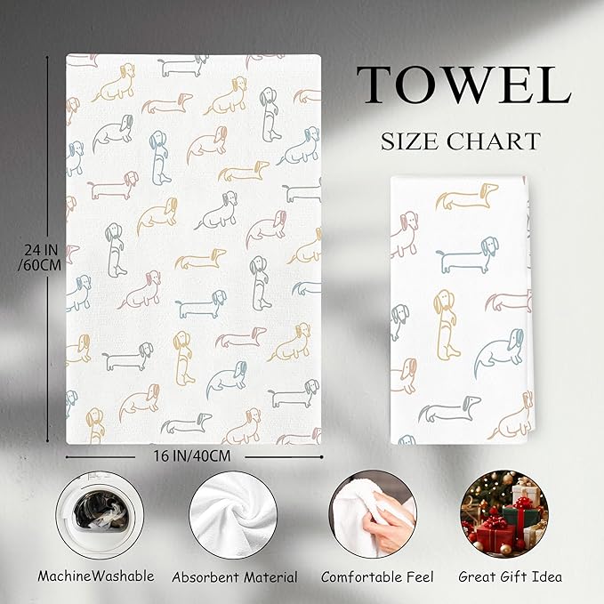 Wiener Dog Kitchen Towels - Dachshund Gifts for Women, Wiener Kitchen Decor, Dog Mom Gifts, Line Art Dachshund Hand Towels Dish Towels for Bathroom Kitchen, 16x24 Inch