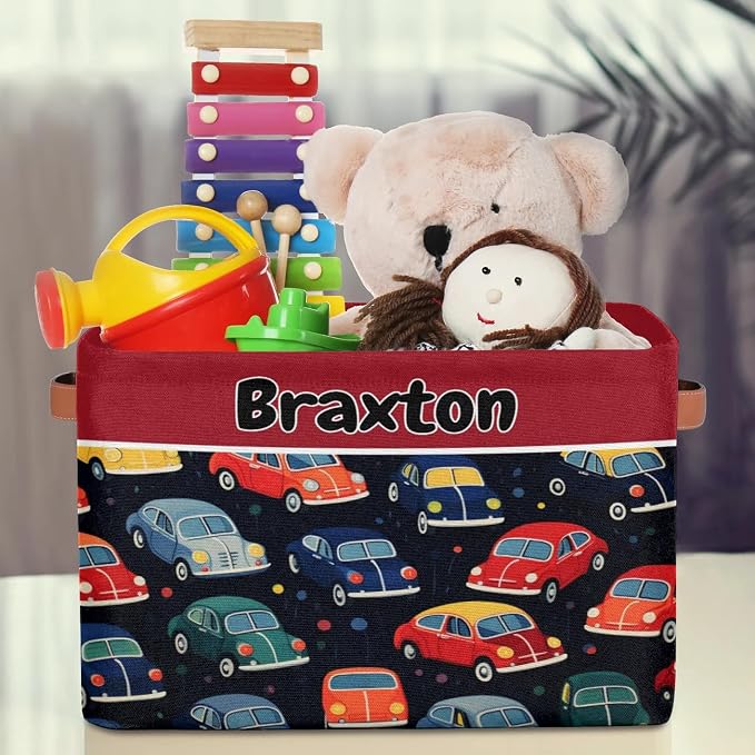 Personalized Foldable Storage Basket with Name, Laundry Hamper Dirty Clothes Pet Toys Storage Bin with Handles for Shelf Home Closet Kitchen, Colorful Car Pattern