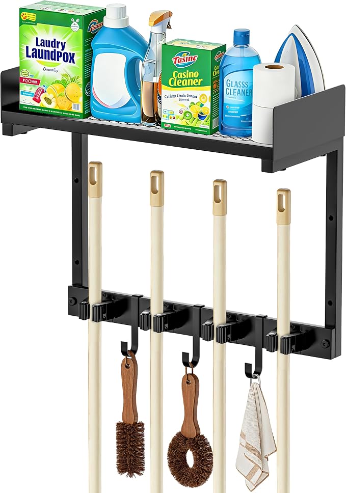 HUFAND 15" Wall Mounted Broom Holder and Mop Organizer with Shelf and Hook | Black Broom Holder Wall Mount, 4 Grippers, 3 Movable S-Hooks, For Garage And Laundry Room Storage