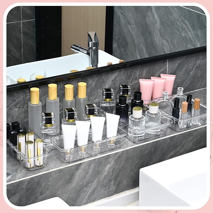 15 Pcs Expandable Drawer Organizer, All Adjustable Storage Box, Clear | 2-Size Vanity Drawer Organizer, Acrylic Storage Bins for Makeup, Cosmetic, Bedroom Dressers Tool Organizer for Gadgets