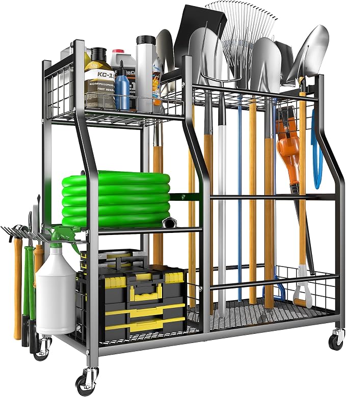 EVERHANGER Garden Tool Organizer Stand, Garage Tool Storage Organization | Yard Tool Racks with lockable wheels, Fit for Long-Handled Tools/Rakes/Brooms