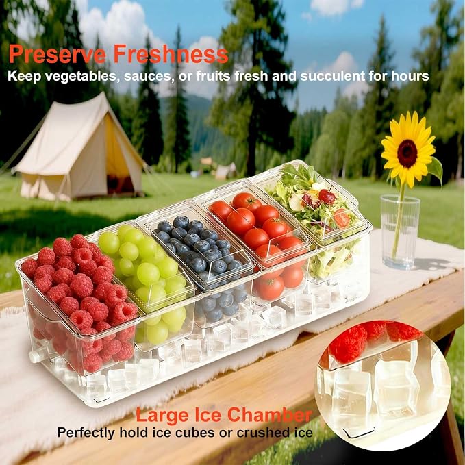Large Ice Chilled Condiment Caddy，Chilled Condiment Containers Server with Lids for 5 Removable Compartments ，Serving Platters , Fruit & Garnish Tray for Party Supplies & Bar Accessories-Transparent