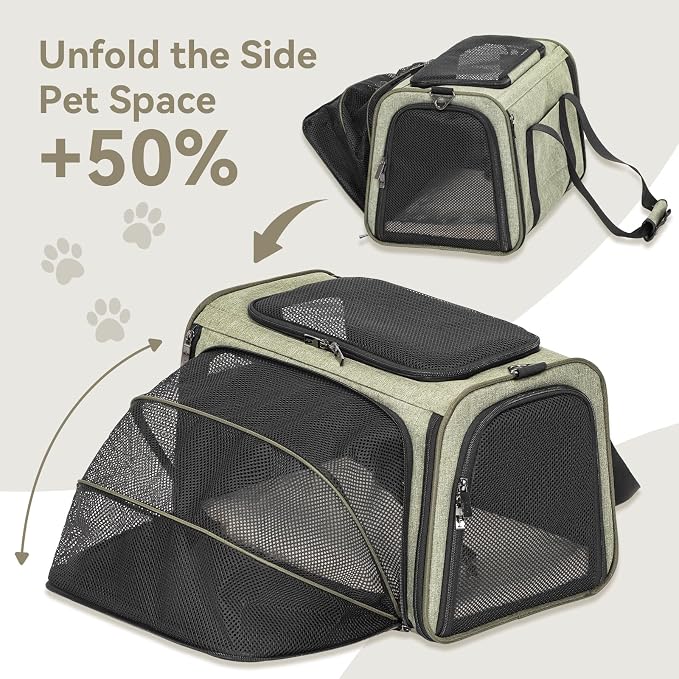 Petsfit Large Expandable Cat Carrier for Travel, Up to 18 lb | 19 x 12 x 12 in; roomy expandable space with a reinforced frame, locking zippers, interior safety tether and large pocket.