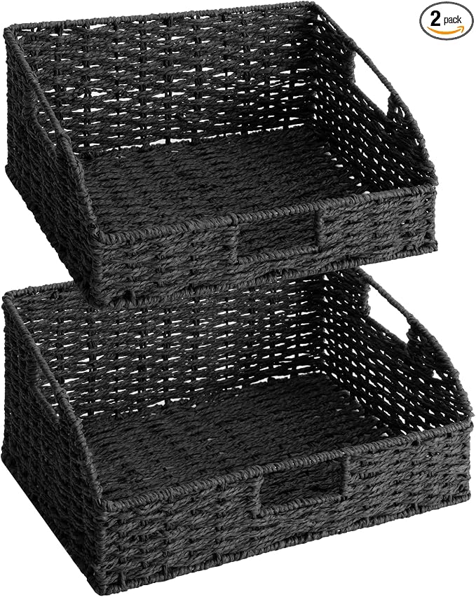 StorageWorks Pantry Baskets, Black Wicker Baskets with Handles, 2-Pack | Paper Rope Black Baskets for Organizing, Black Woven Baskets, Pantry Baskets for Shelves, Wicker Storage Baskets for Shelves