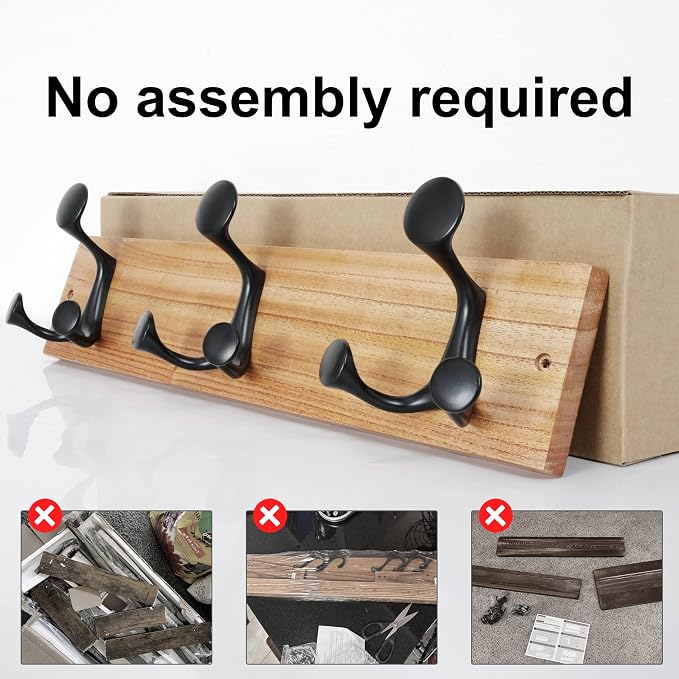 SKOLOO 17-Inch Wood Coat Rack Wall Mount with 3 Triple Hooks - Ideal for Family Entrances, Classrooms, and Pet Supplies Storage - Perfect Coat Hooks for Wall, Black on Natural