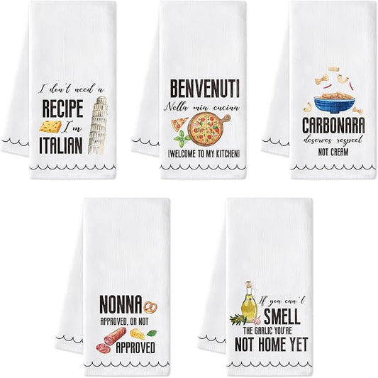 R HORSE Italian Kitchen Dish Towels - 5Pcs Italian Food Cleaning Dishcloth Italy Wine Cheese Pizza Absorbent Bar Quick Dry Hand Towel Tea Towels Birthday for Women Man Housewarming Decor