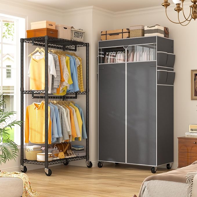 Raybee Clothes Rack with Cover, Rolling Portable Closet, 2 Rods & 2 shelves | Heavy Duty, Tool-free Assembly, Adjustable, Lockable Wheels, Freestanding, Covered, Zippered, Saving Space for Bedroom,Dorm