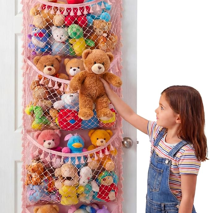 Over The Door Stuffed Animal Storage | Toy Organizer for Storage Plush Toys, Stuffed Animal Holder with 4 Large Pockets, Hanging Door Organizer for Nursery