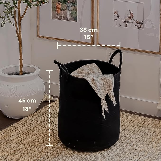 OrganiHaus Tall Cotton Rope Laundry Basket & Hamper, Blanket Storage 52L | Full Black - Tall Cotton Rope Hamper, 52L