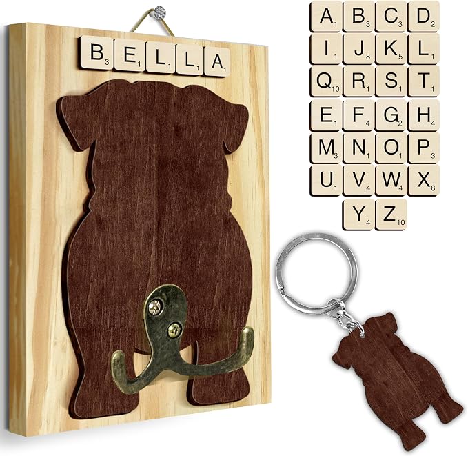 Pug Dog Leash Holder Wall Mount with Scrabble Letters, Wooden Dog Wall Hook Organizer, Pet Collar and Harness Holder for Entryway, Key Hook and Leash Rack, Pet Lovers Gift Home Decor PF297-58