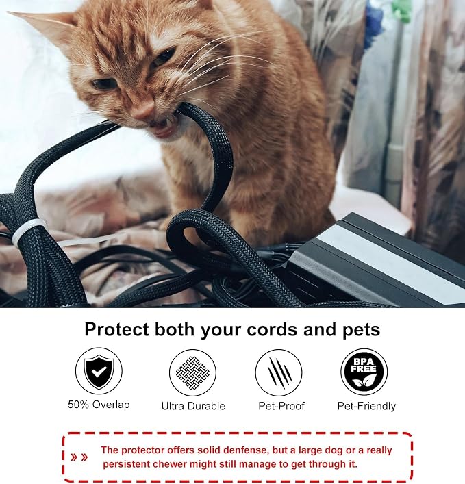 Secbolt Cord Protectors from Pets No Chew, 10FT - 3/8 Inch, Black | Durable Cord Covers for Pets, Bite-Resistant Wire Protector for Cats, Dogs, Rabbits