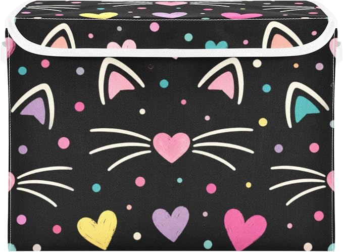 Cat Heart Fabric Storage Bins with Lid Foldable Decorative Storage Boxes | Decorative Storage Boxes, Foldable & Stackable, Dust-Proof Flip Top, Reinforced Handles, For Home & Dorm, Clothes & Toy Box