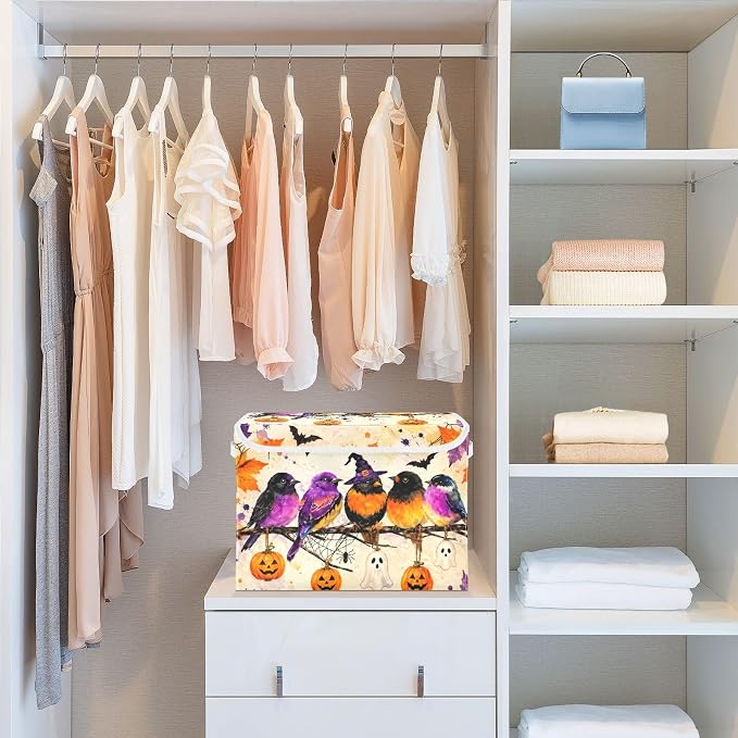 Fabric Storage Bins with Lid Halloween Bird Closet Storage Basket 40L | Decorative Storage Boxes, 300D Oxford Cloth, Hollow Board Frame, Flip Top Velcro Lid, 16.5x12.6x11.8 inch, Collapsible Design