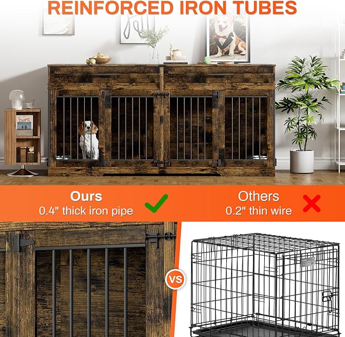 Rophefx 72" Double Dog Crate Furniture with Drawers and Divider, Brown | Wooden dog kennel for 2 medium dogs with 2 drawers, removable divider, 4 bowls and TV stand top