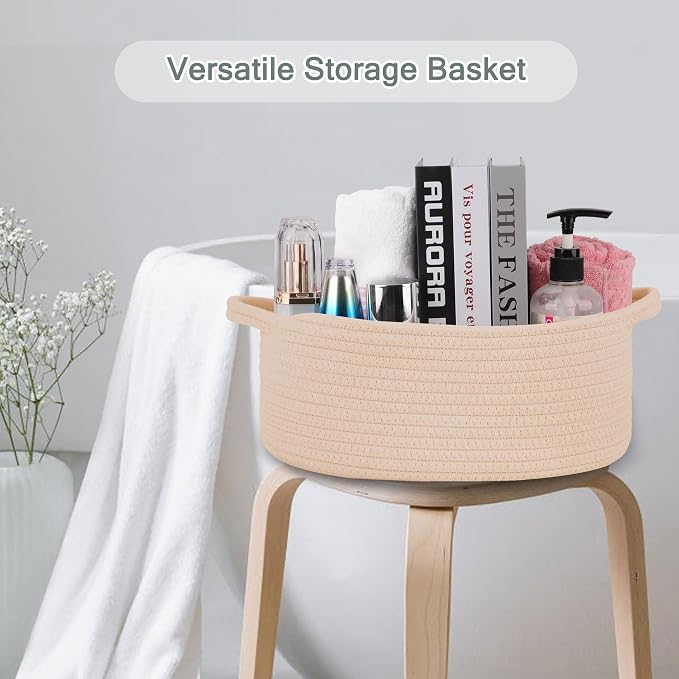 COMSE Small Woven Basket with Gift Bags and Ribbons, Gift Basket Empty, Cotton Rope Storage Organizer, Baby Toy Box with Handles, 12" x 8" x 5", Beige