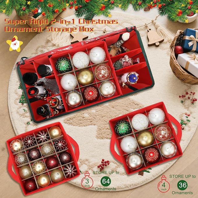 2-in-1 Christmas Ornament Storage Box Keeps 64-3"/36-4" Holiday Ornaments | Xmas Figurine Organizer Container,4 Separate Trays , Adjustable Extent Area for Figurines and Pockets for Holiday Décor