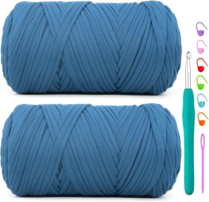 2 Pack Tshirt Yarn for Crochet,Denim Blue T Shirt Soft Elastic Fabric Chunky Thick T-Shirt Crochet Yarn for Crocheting Knitting Beginner Hand Knitting Bag/DIY Craft/Home Decor 2 * 400G-Denim Blue