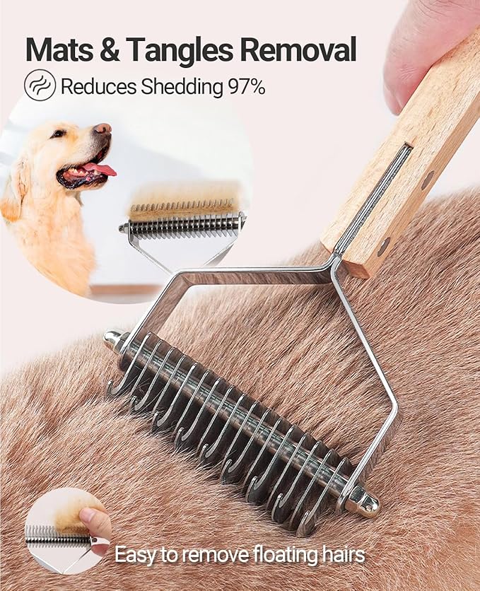 Dematting Comb for Dogs and Cats, Mat Remover and Deshedding Grooming Tool, Safe Detangler for Matted Fur, Double Sided Undercoat Rake for dogs