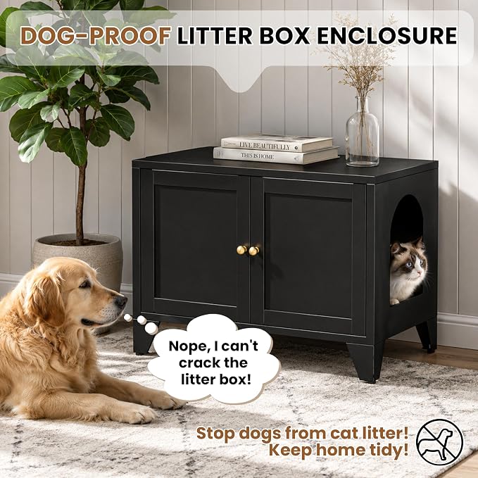 Metal Cat Litter Box Enclosure Furniture, Hidden Cat Washroom Cabinet with 2 Doors, Modern Pet Cabinet for Litter Box or Cat Bed, Dog Proof Indoor Cat House, End Table, Nightstand, Black