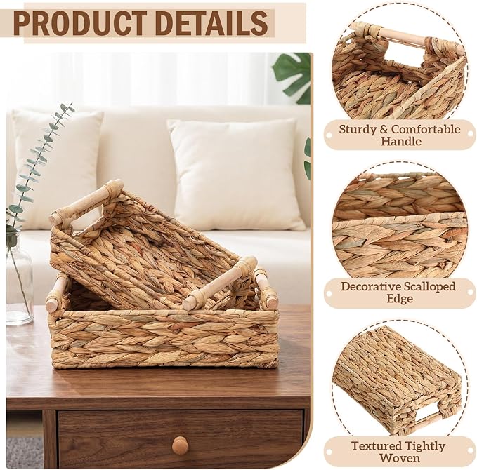 2 Pack Toilet Paper Storage Basket, Wicker Baskets for Bathroom, Water Hyacinth Baskets with Wooden Handles for over Toilet Storage Shelf, End Table, Shelves and More(Medium&small)