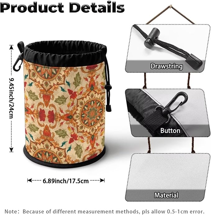 Clothespin Bag Holder Outside, Boho Mandala Print Hanging Clothes Pin Bag with Drawstring Closure, Ventilation and Large-Capacity Clothespin Storage Organizer with Hooks