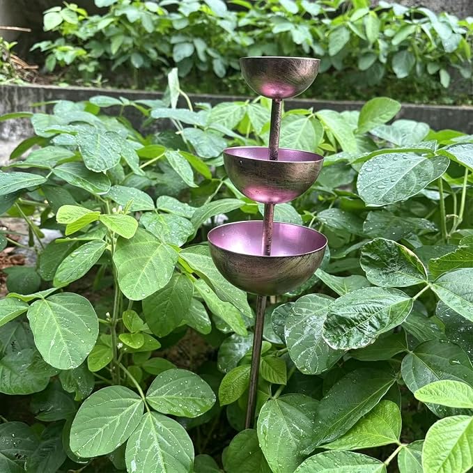 Rain Catcher Bird Bath 3-Tier, Rain Catcher Garden Stake, Antique Bronze Metal Water Bowls Bird Bath and Bee Watering Station with Soil Post for Lawn Edge,Flower Bed, and Open Yard Display