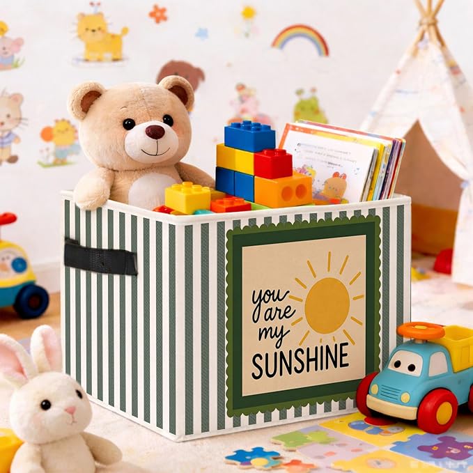Sunshine Storage Bin, Foldable Fabric Basket for Kids Room Nursery | Foldable fabric storage bin with sunshine quote design for toys, books, clothes, nursery, bedroom, and playroom use.