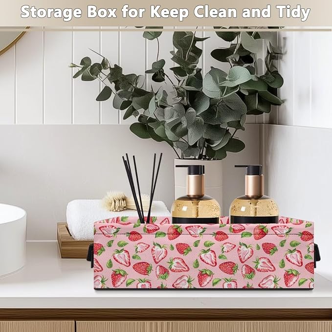 Strawberry Toilet Paper Basket with Handle, Decorative Toilet Tank Topper Basket with Handle for Countertop Shelves, Bathroom Bedroom Living Room Decor