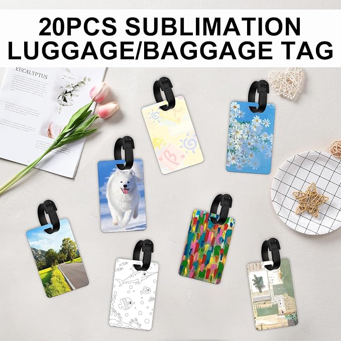 20 pcs Sublimation Luggage tag Blanks | White Blank Travel Bag Baggage Tags with Strap, Double Sided PET Suitcase Label Tag with Slots Keychains Blanks