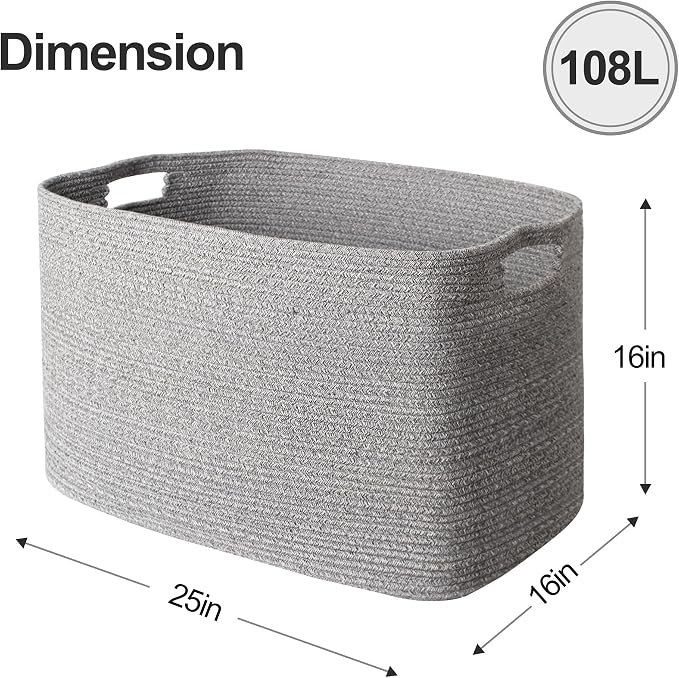 108L Large Storage Basket, 25"x16"x16" Blanket Storage for Living Room, Big Woven Rope Kids Dog Toy Bin Box, Nursery Baby Laundry Basket, Super Large Bin for Blankets, Shoes, Towels, Gray