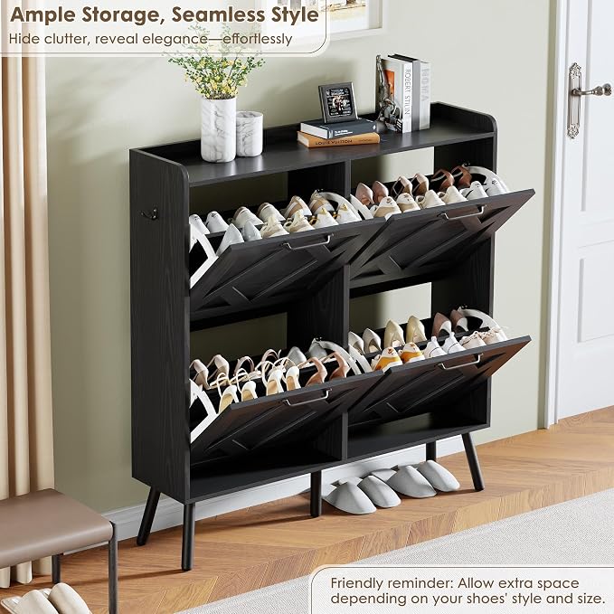 Shoe Cabinet with 4 Flip Drawers, Hidden Shoe Rack Cabinet with Metal Legs, Farmhouse Narrow Shoe Storage Cabinet for Entryway, Foyer, Hallway, Black