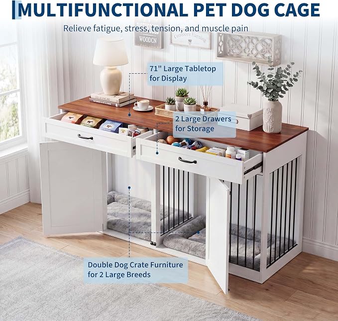 71'' Double Dog Crate Furniture for 2 Dogs, Dog Crate with 2 Drawer | Farmhouse Dog Crate TV Stand with Removable Divider Dog Kennel Furniture, Heavy Duty Dog Cage and TV Stand for Large Mediu