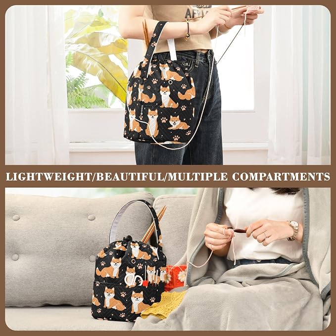 Fustylead Cute Cartoon Shiba Inu and Paw Prints Large Crochet Organizer, Durable Polyester Drawstring Basket Yarn Storage Bag for Crochet Hooks, Knitting Needles, Project and Sewing Supplies