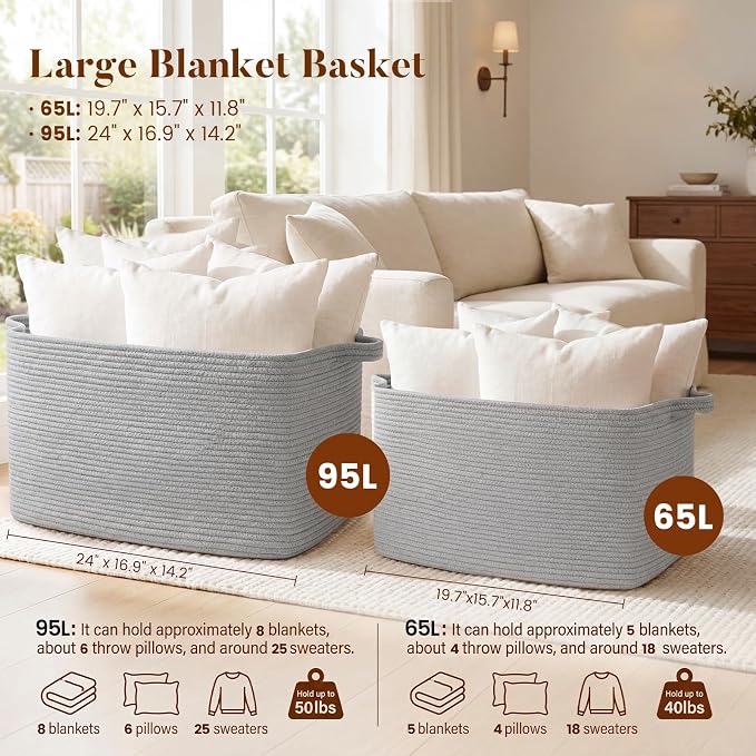 65L Large Woven Blanket Basket for Living Room, 19.7"x15.7"x11.8" | Nursery Laundry Hamper with Handle for Organizing Blankets, Pillows, Toy Storage With Handle, Large Baskets for Organizing