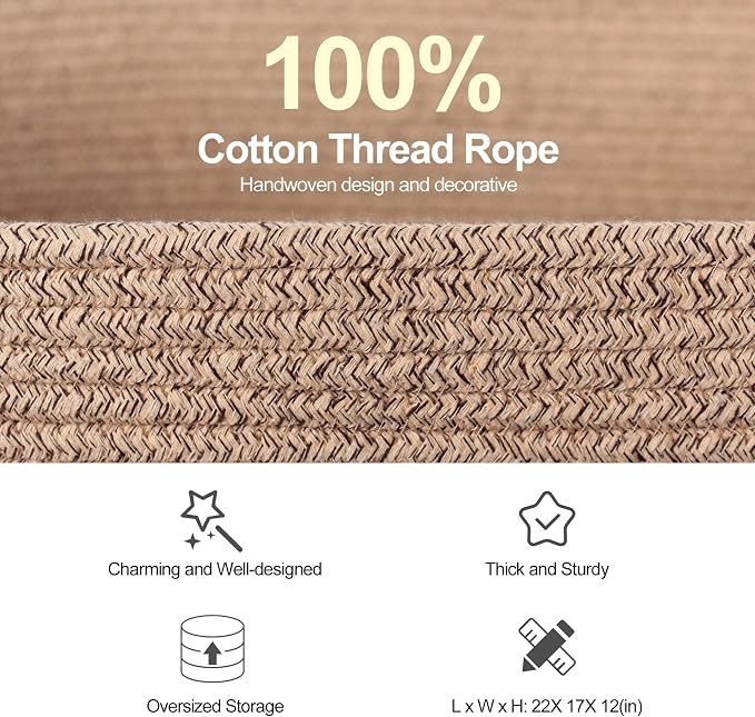 Large Storage Basket for Blankets, 75L Woven Blanket Storage for Living Room, Cotton Rope Baskets for Organizing, Kids Dog Toy Bin Box, Rectangle Pillow Holder Organizer, 22”x17”x12”