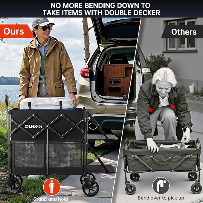 Double Decker Collapsible Wagon with Brakes,Compact with Tailgate | Big All-Terrain Wheels , 2-Tier for Camping Gear, Sports, Groceries, Shopping, Garden & Outdoor Use Black