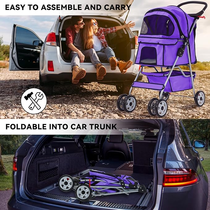 4 Wheels Cat Stroller, Pet Dog Jogger Stroller, Folding Carrier Waterpro with Cup Holder & Removable Liner, Dog Strollers for Small Dogs, for Small and Medium Pet Supplies (Purple)