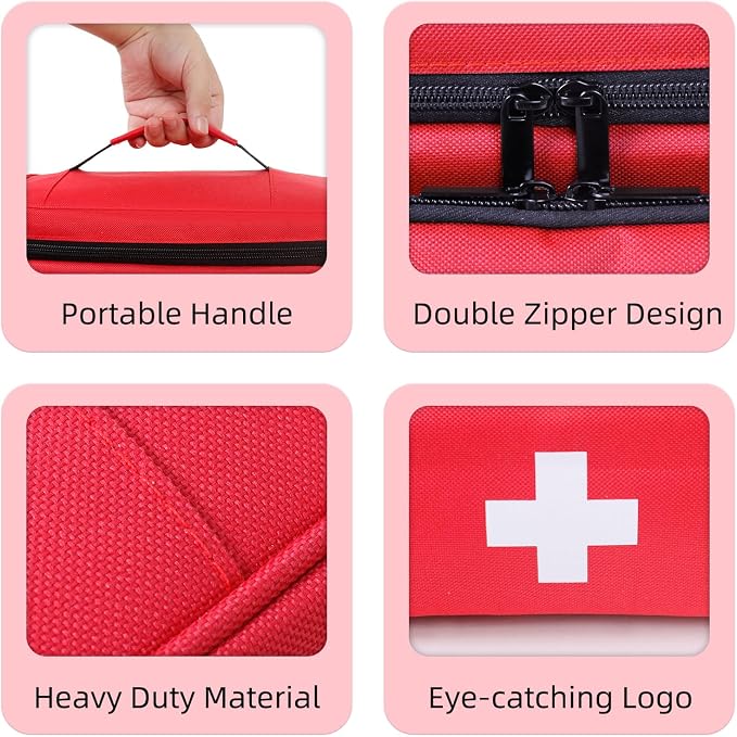 First Aid Bag Empty First Aid Kit Storage Box 12" x 9" x 7" Medical Bag Portable Pill Bottle Organizer Case for Car, Travel, Office, Outdoor, Camping, Hiking, School (Red)