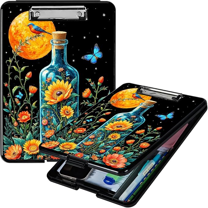 Heavy Duty Storage Clipboard, Slim Nursing Clipboard with Internal Pen Case, Portable File Organizer Case for A4 Letter Size Paper Office Medical Professionals, Drift Bottle Flowers Birds