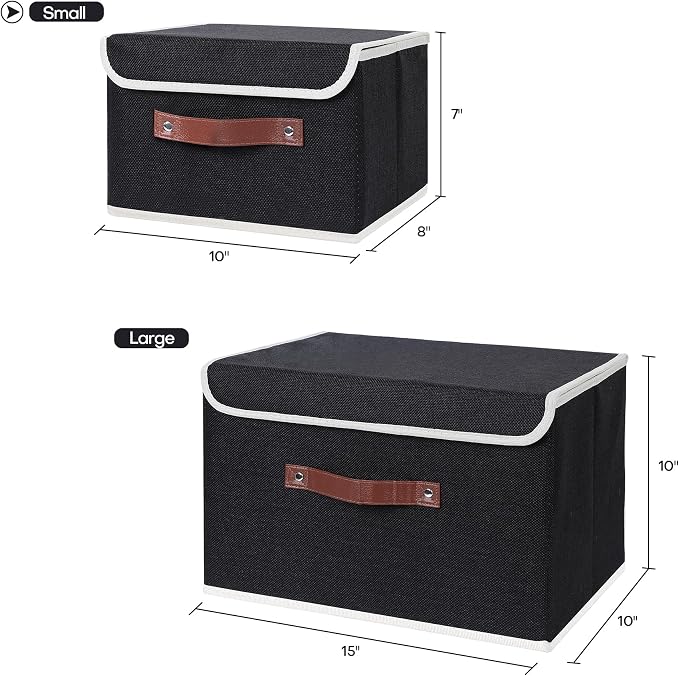 ANMINY Fabric Storage Box Bins with Lids, Black, 10"x8"x7" | Keepsake Memory Storage, Cotton Linen, PP Board Reinforced, Washable, PU Handles, Foldable & Stackable, Decorative, Small
