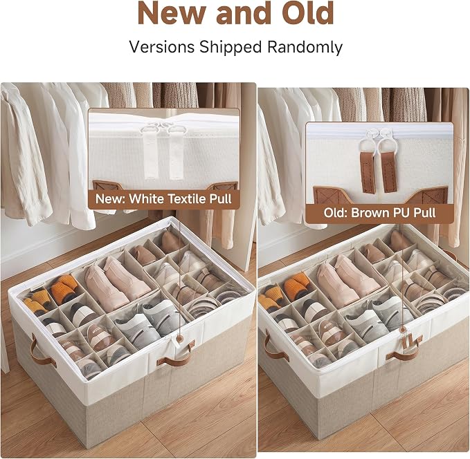 StorageWorks 24-Pair Large Shoe Organizer for Closet, Brown and White | Adjustable Dividers, Holds up to 24 Pairs, Foldable, Clear Lid, Soft Handles, Fits Sneakers, Sandals & Flats, For Mudroom