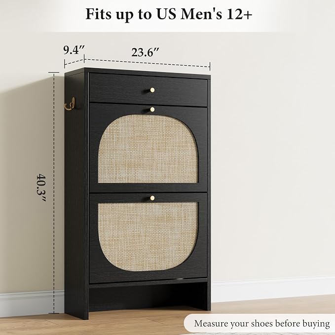 Shoe Cabinet for Entryway, Slim Shoe Rack with 2 Flip Drawers and Top Storage Drawer, Narrow Shoe Organizer with Printed Rattan-Look Design, Entryway Shoe Storage for Size 12+ Shoes, Black