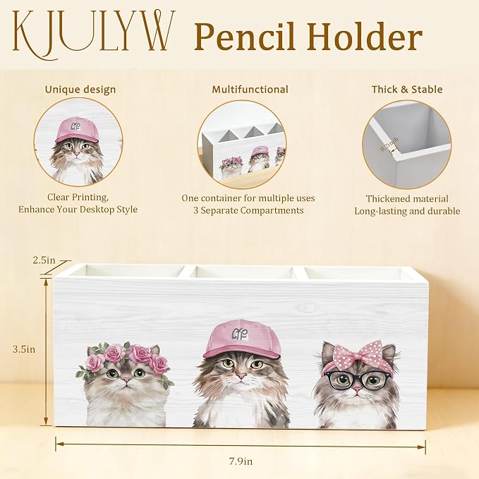 Cat Pen Holder for Desk, Cat Mom Lady Gifts, Pink Coquette Girly Kitty Wooden Box Pencil Pen Holder Organizer for Kids Room Home Office Desk Accessories