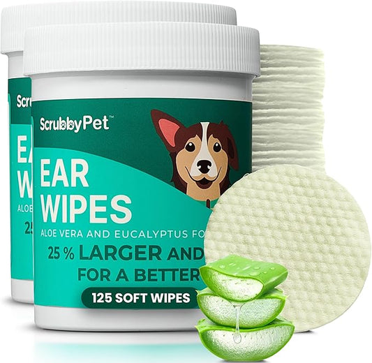 Scrubby Pet Dog Ear Wipes for Dogs | Extra Thick with Aloe Vera & Eucalyptus | 250 Count | Hypoallergenic Ear Cleaner for Dogs with Pearl Texture for Deeper Clean