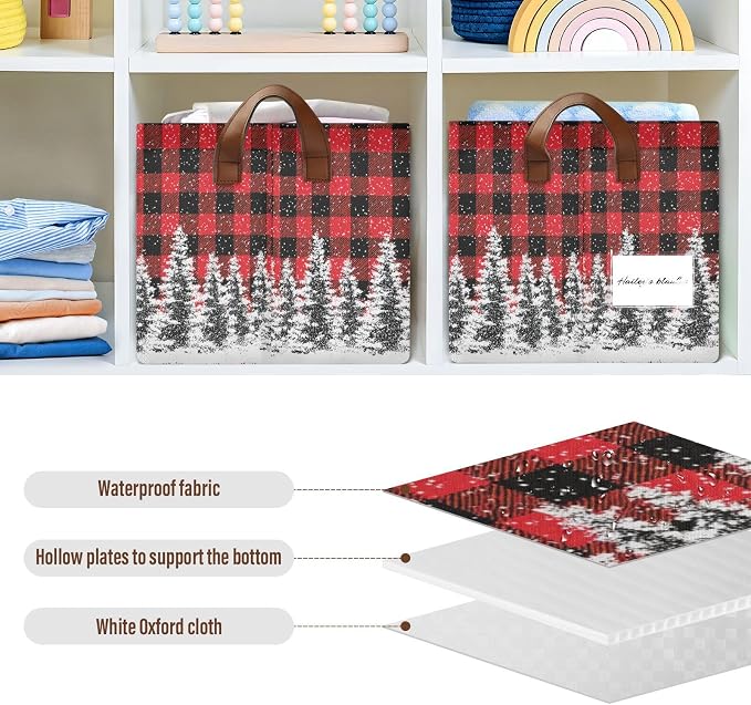 Xmas Tree Red and Black Buffalo Plaid Storage Basket Foldable Cube Storage Bins with Handles&Label Waterproof Organizer Box Bin Large Rectangle Decorative Baskets for Shelves Home Room Laundry-2 Pack