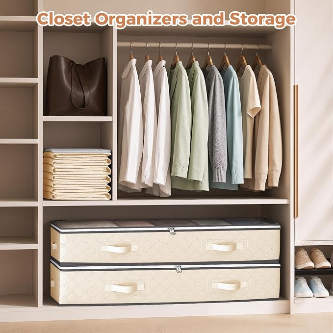 6 Pack 95L Under Bed Storage Containers Beige | Underbed Storage Bags for Blankets, Towels, Comforter, Sweaters, Linen Sheets, Wrapping Paper