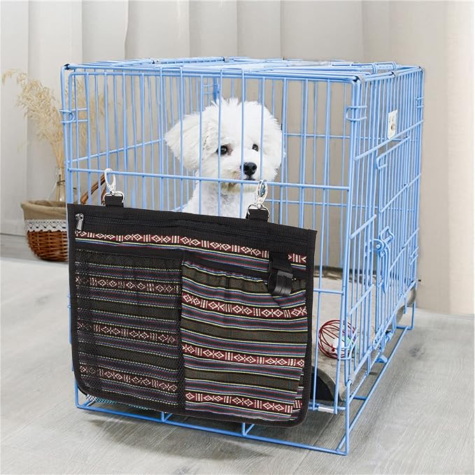 Dog Cage Storage Bag, Washable Cat Cage Hanging Storage Bag for Pets, Canvas Pet Organizer with Multiple Pockets and Dual Hooks for Dog Crate Accessories