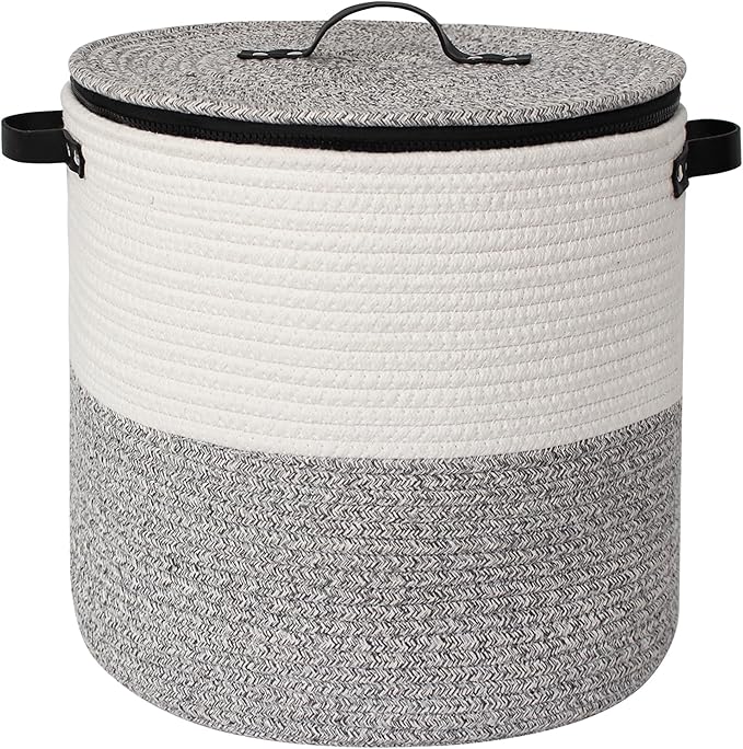 Storage Basket with Lid, 15"x13" Round Woven Blanket Storage for Living Room, Soft Cotton Rope Bin with Zipper Top, Shoe Basket with Lid for Entryway, Floor Kids Dog Toy Bin Box with Cover